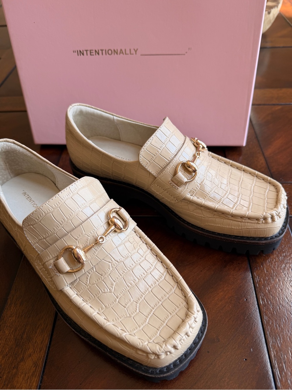 INTENTIONALLY BLANK Cream Croc-Embossed Loafers with Gold Bit
